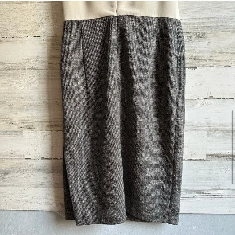 Escada‎ Classic Silk Tweed Shift Midi Dress Side Slit Sz 8 Beige Grey